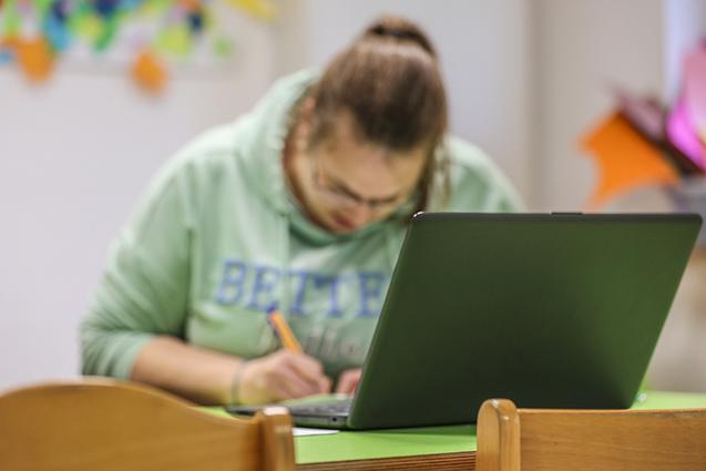 Ehrenamtliche vor einem Laptop sitzend